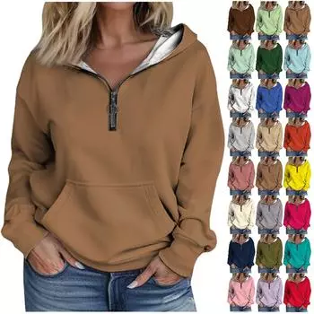 Женская мода, сплошной цвет с принтом, с длинным рукавом, свободная толстовка с капюшоном на молнии и карманами M синий