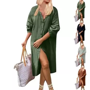 Женская мода сплошной цвет семь рукавов с разрезом повседневные свободные длинные платья L