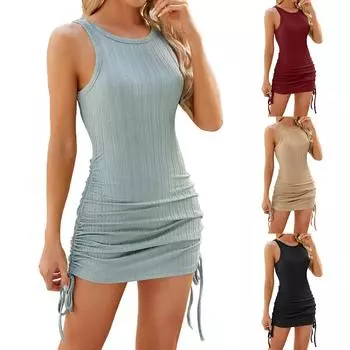 Женская мода сплошной цвет сексуальный жилет без рукавов с круглым вырезом и платьем на шнурке L чёрный