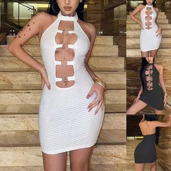 Женская мода сплошной цвет шеи открытой спиной полое сексуальное платье L чёрный