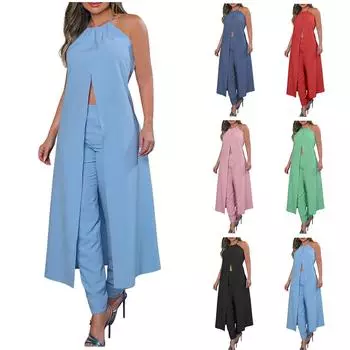 Женская мода сплошной цвет шеи висит без рукавов подтяжки подтяжки костюм из двух частей L чёрный