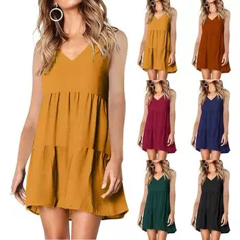 Женская мода сплошной цвет свободное платье без рукавов платье с v-образным вырезом L чёрный