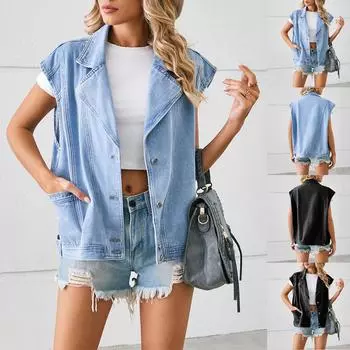 Женская мода сплошной цвет свободный джинсовый жилет на бретельках с лацканами L чёрный