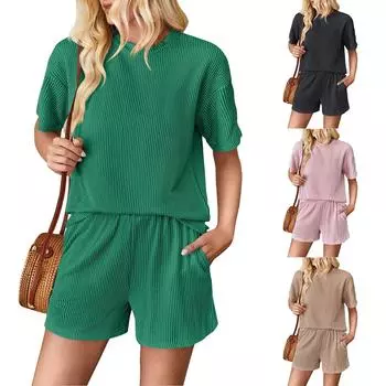 Женская мода, сплошной цвет, волнистый узор, круглый вырез, короткий рукав, шорты с эластичной резинкой на талии, костюм из двух предметов L