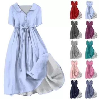 Женская мода сплошной цвет воротник с лацканами пуговицы с коротким рукавом одежда ремни платье L синий