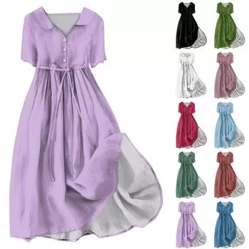 Женская мода сплошной цвет воротник с лацканами пуговицы с коротким рукавом одежда ремни платье L