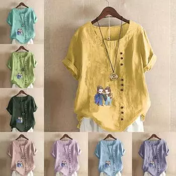 Женская мода, старинный костюм, напечатанный круглый вырез, короткий рукав, футболка, повседневная, хлопковая, льняная, с рисунком, свободная, летняя блузка, топы S розовый