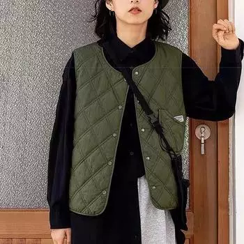 Женская мода стеганый жилет в клетку с ромбами, куртка с хлопковой подкладкой L армия зеленый