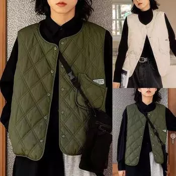 Женская мода стеганый жилет в клетку с ромбами, куртка с хлопковой подкладкой L армия зеленый