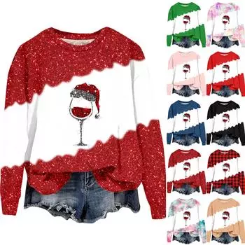 Женская мода стекло принт длинный рукав свободный круглый вырез толстовка топ осень L чёрный