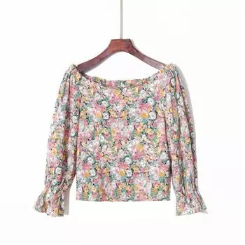 Женская мода-стиль рубашка с открытыми плечами длинный рукав сексуальный рукав-клеш короткий повседневный внутренний универсальный топ Print S