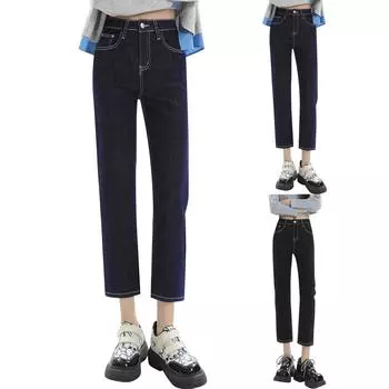 Женская мода стрейч с высокой талией свободные джинсы с высокой талией прямые карманы широкие джинсы L чёрный