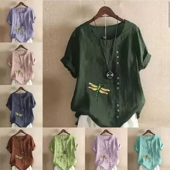 Женская мода Стрекоза Принт с коротким рукавом Футболка Свободная хлопковая рубашка Повседневная свободная летняя блузка Топы размера плюс S розовый