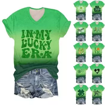Женская мода студенческая футболка с короткими рукавами и V-образным вырезом ко Дню Патрика XXXL