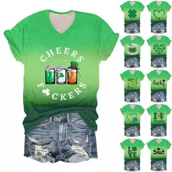 Женская мода студенческая футболка с короткими рукавами и V-образным вырезом ко Дню Патрика M белый