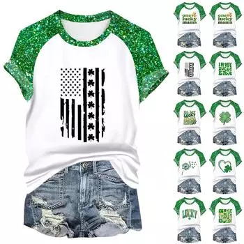 Женская мода студенческая футболка с круглым вырезом и короткими рукавами ко Дню Патрика M зелёный