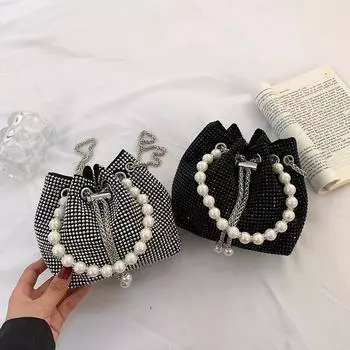 Женская мода, сумки-ведра со стразами и бриллиантами, ретро жемчужная цепочка, женские сумки на плечо, блестящие маленькие сумки через плечо, женские сумки