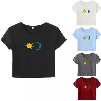 Женская мода Sun Moon Print Navel Футболка с коротким рукавом и круглым вырезом Топ