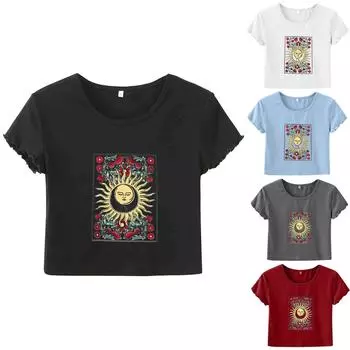 Женская мода Sun Moon Print Navel Футболка с коротким рукавом и круглым вырезом Топ