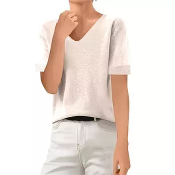 Женская мода свитер с короткими рукавами свитер футболка топ с V-образным вырезом L бежевый