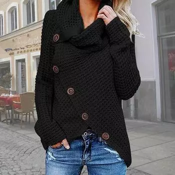 Женская мода свитер с неровным подолом и высоким воротом, декорированный пуговицами, вязаный свитер, пуловеры, топы S чёрный