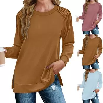 Женская мода свитшот с круглым вырезом, топы с длинным рукавом, плиссированные рубашки, повседневная осенняя свободная посадка S кофейный