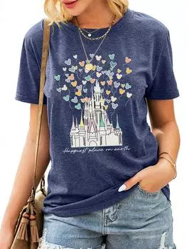 Женская мода свободная блузка с круглым вырезом и короткими рукавами с принтом пчелы L темно-синий