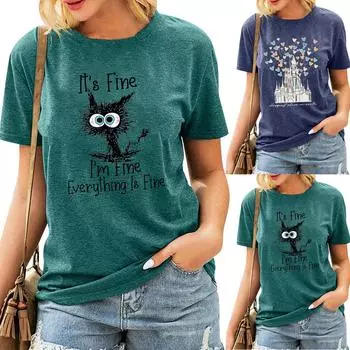 Женская мода свободная блузка с круглым вырезом и короткими рукавами с принтом пчелы L темно-синий