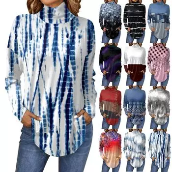 Женская мода Свободная футболка с длинным рукавом с высоким воротом и принтом Повседневные топы Пуловер L чёрный