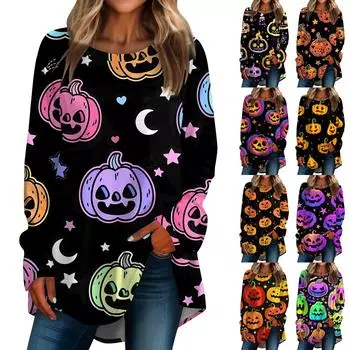 Женская мода свободная футболка с длинным рукавом с круглым вырезом и принтом на Хэллоуин, пуловер, топ XL