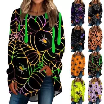 Женская мода свободная футболка с длинным рукавом с круглым вырезом и принтом на Хэллоуин, пуловер, топ XXXL розовый