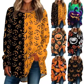 Женская мода свободная футболка с длинным рукавом с круглым вырезом и принтом на Хэллоуин, пуловер, топ M белый