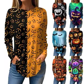 Женская мода свободная футболка с длинным рукавом с круглым вырезом и принтом на Хэллоуин L зелёный