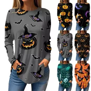 Женская мода свободная футболка с длинным рукавом с круглым вырезом и принтом на Хэллоуин XXL оранжевый