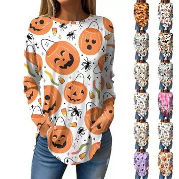 Женская мода свободная футболка с длинным рукавом с круглым вырезом и принтом на Хэллоуин XXXL хаки