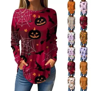 Женская мода свободная футболка с длинным рукавом с круглым вырезом и принтом на Хэллоуин XL