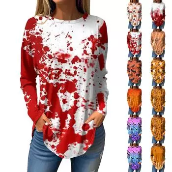 Женская мода свободная футболка с длинным рукавом с круглым вырезом и принтом на Хэллоуин S имбирный