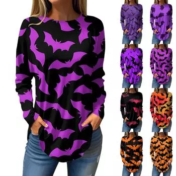 Женская мода свободная футболка с длинным рукавом с круглым вырезом и принтом на Хэллоуин L