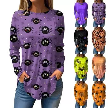 Женская мода свободная футболка с длинным рукавом с круглым вырезом и принтом на Хэллоуин M