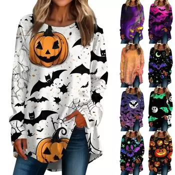 Женская мода свободная футболка с длинным рукавом с круглым вырезом и принтом на Хэллоуин, пуловер, топ M белый