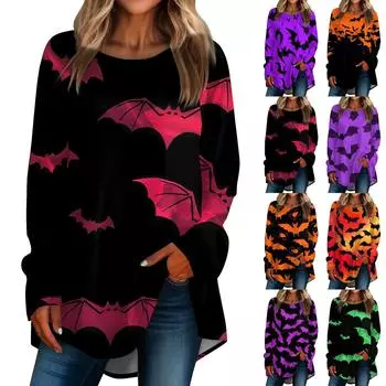 Женская мода свободная футболка с длинным рукавом с круглым вырезом и принтом на Хэллоуин, пуловер, топ L
