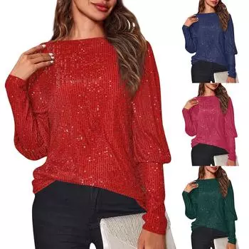 Женская мода свободная футболка с длинным рукавом и пайетками для женщин L синий