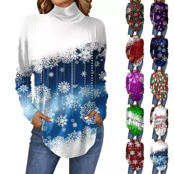 Женская мода Свободная футболка с длинным рукавом с высоким воротом и рождественским принтом Повседневные топы Пуловер M