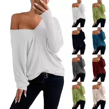 Женская мода, свободная футболка с длинными рукавами и большим v-образным вырезом со сложенными плечами L армия зеленый