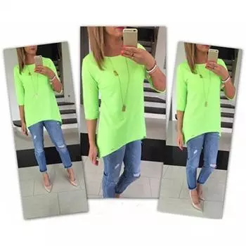 Женская Мода Свободная Футболка со Средним Рукавом Весенняя Блузка Повседневная Хлопковая Рубашка Топы S зелёный