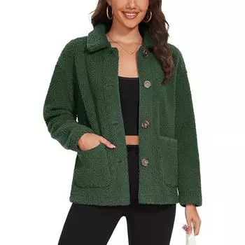 Женская мода свободная куртка с пуговицами и лацканами, плюшевая куртка с длинными рукавами и карманами L армия зеленый