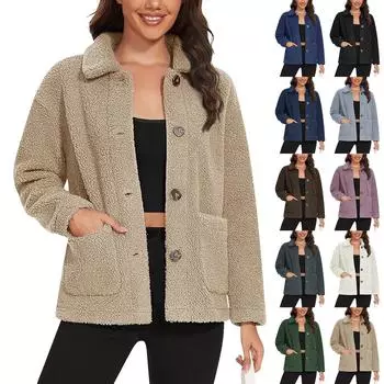 Женская мода свободная куртка с пуговицами и лацканами, плюшевая куртка с длинными рукавами и карманами L армия зеленый