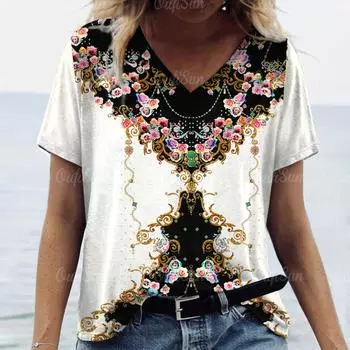 Женская мода Свободная одежда больших размеров Футболки с коротким рукавом и V-образным вырезом Босния Простота Футболки Уличная одежда Повседневные женские топы S