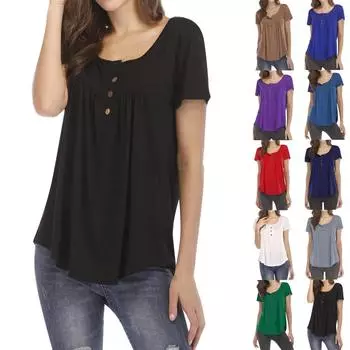 Женская мода, свободная однотонная футболка с короткими рукавами и пуговицами на шнурке, топ L чёрный