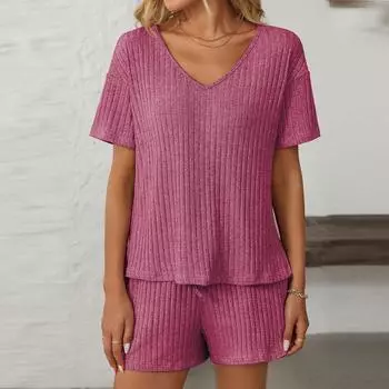 Женская мода свободная однотонная повседневная пижама с коротким рукавом домашний комплект S зелёный